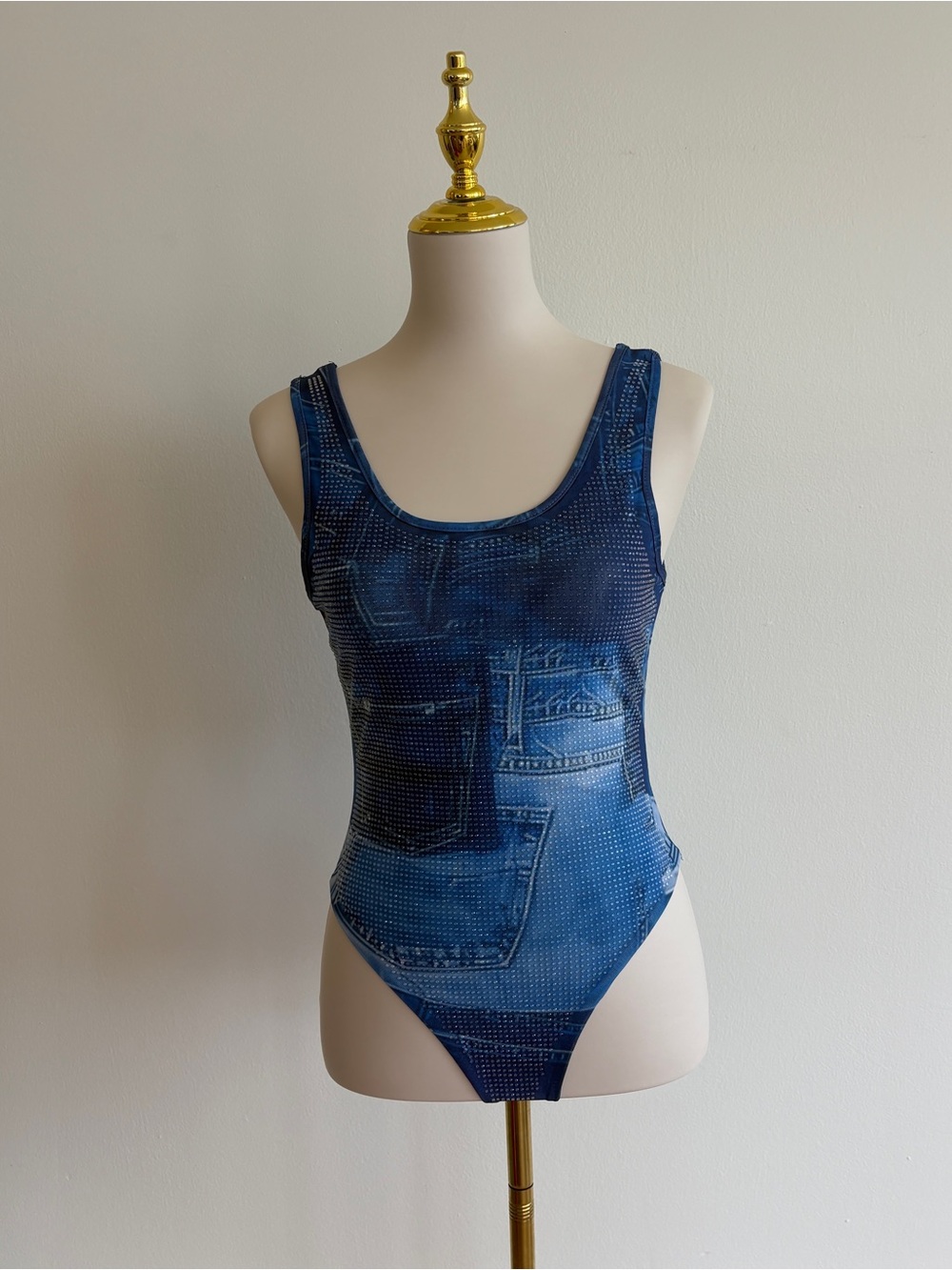 Denim print rhinestone bodysuit BNWT